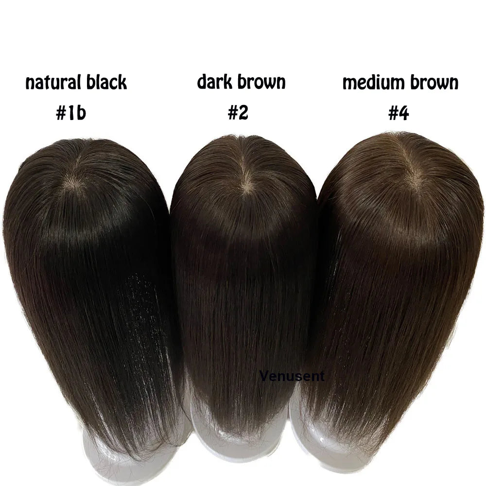 Brown Human Hair Topper with Side Bangs for Women Overlays Skin Base Toupee 5X5inch Scalp Top 4D Fringe Clip