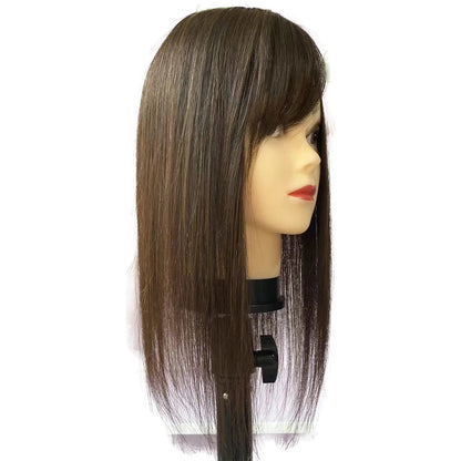 Brown Human Hair Topper with Side Bangs for Women Overlays Skin Base Toupee 5X5inch Scalp Top 4D Fringe Clip