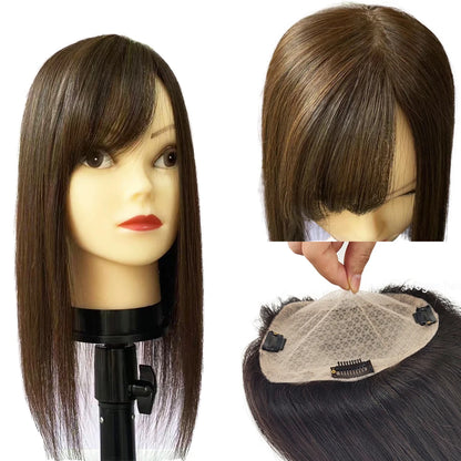 Brown Human Hair Topper with Side Bangs for Women Overlays Skin Base Toupee 5X5inch Scalp Top 4D Fringe Clip