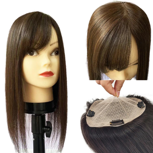 Brown Human Hair Topper with Side Bangs for Women Overlays Skin Base Toupee 5X5inch Scalp Top 4D Fringe Clip