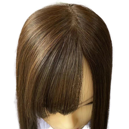 Brown Human Hair Topper with Side Bangs for Women Overlays Skin Base Toupee 5X5inch Scalp Top 4D Fringe Clip