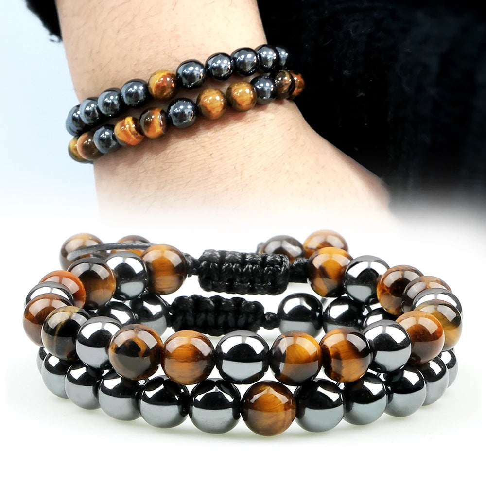 2pcs Hematite Tiger Eye Beads Bracelets Handmade Adjustable Men Health Protection Energy Stones Couple Distance Bangles Jewelry